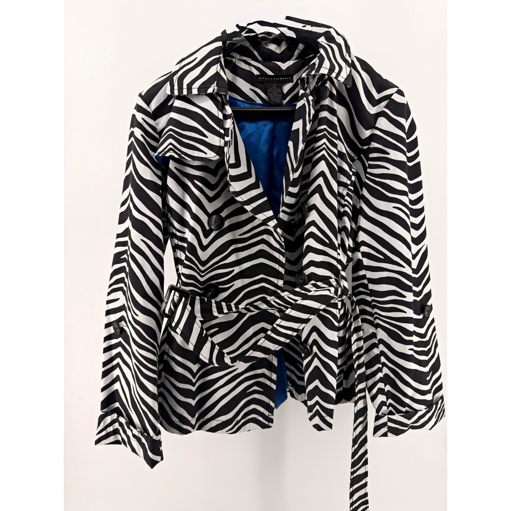 Grace Elements Zebra Print Belted Short Trench Coat Lined Pockets Women's 14